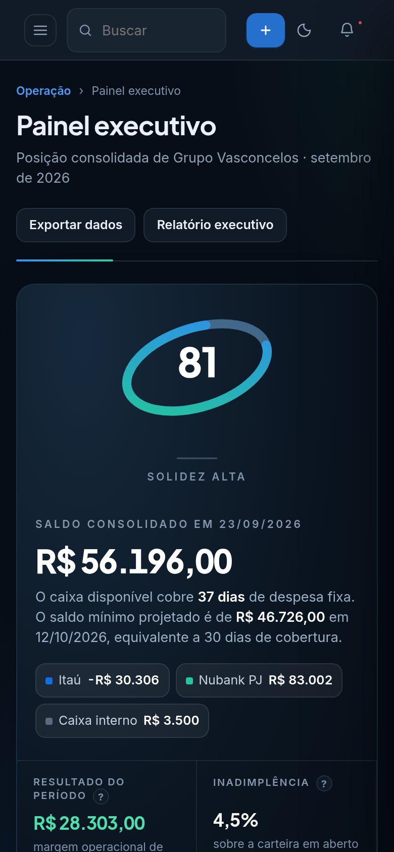 Painel da NiCore no celular, no tema escuro, com índice de saúde financeira 81 e saldo consolidado de R$ 56.196,00