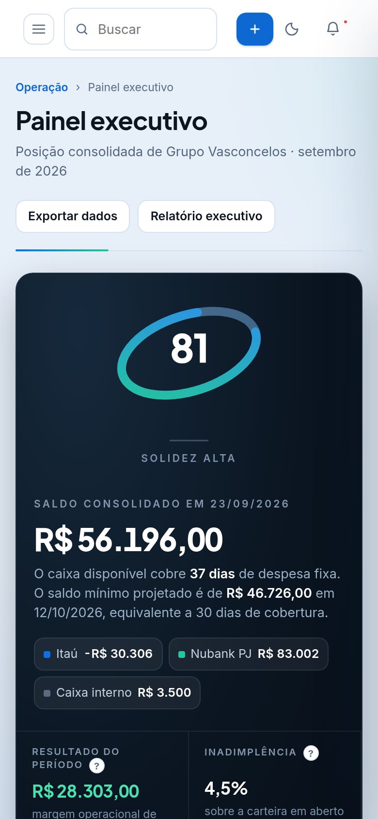 Painel da NiCore no celular, com índice de saúde financeira 81 e saldo consolidado de R$ 56.196,00